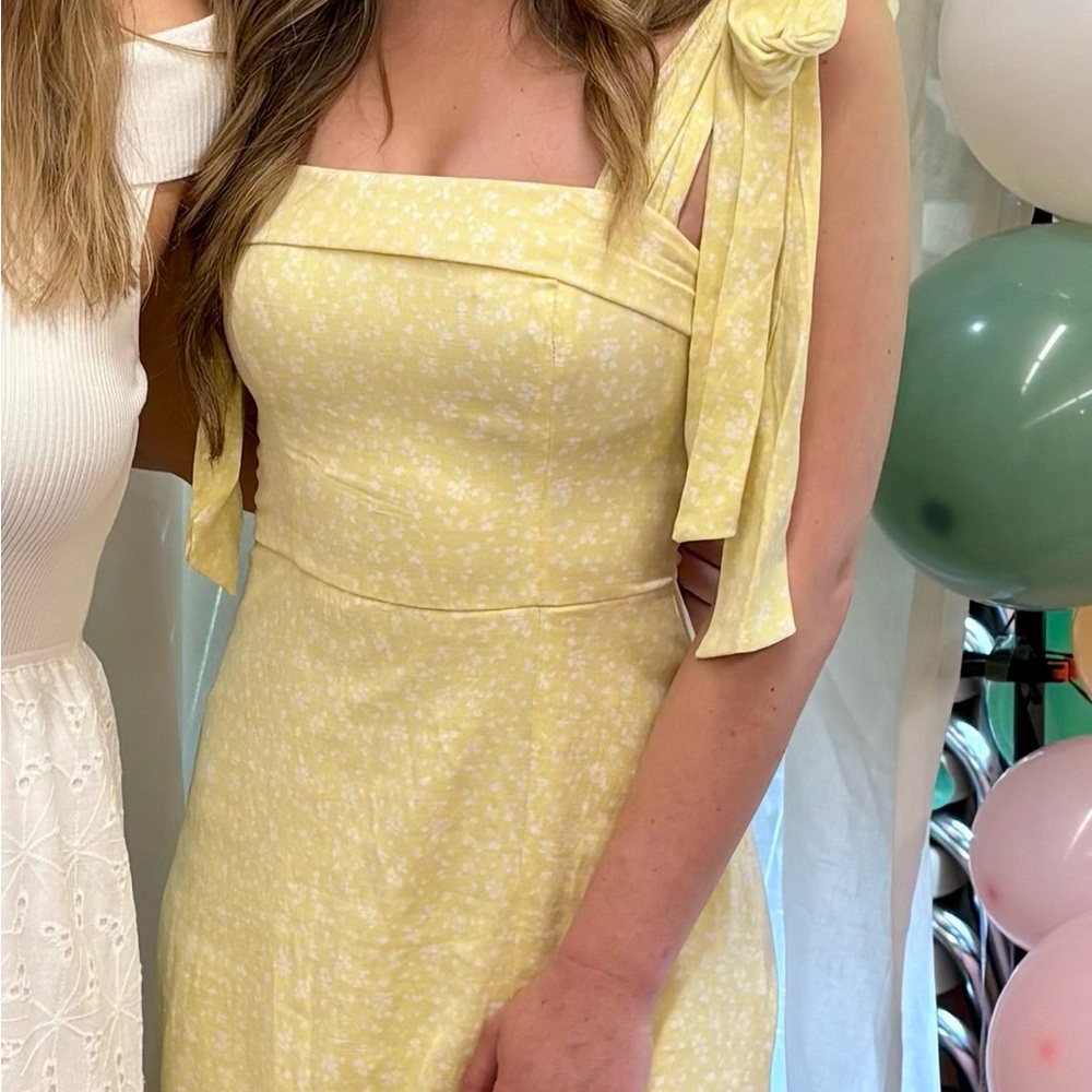 Yellow Floral Women's Dress midi with slit tie straps XS